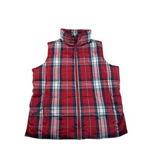 Lands End Womens Puffer Vest Red Plaid Zipper Collar Size XL 18